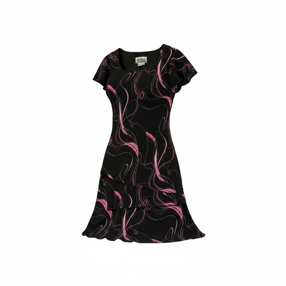 Sheri Martin Floral Chiffon Midi Dress Womens 14 Black Pink Flutter Sleeve 23461